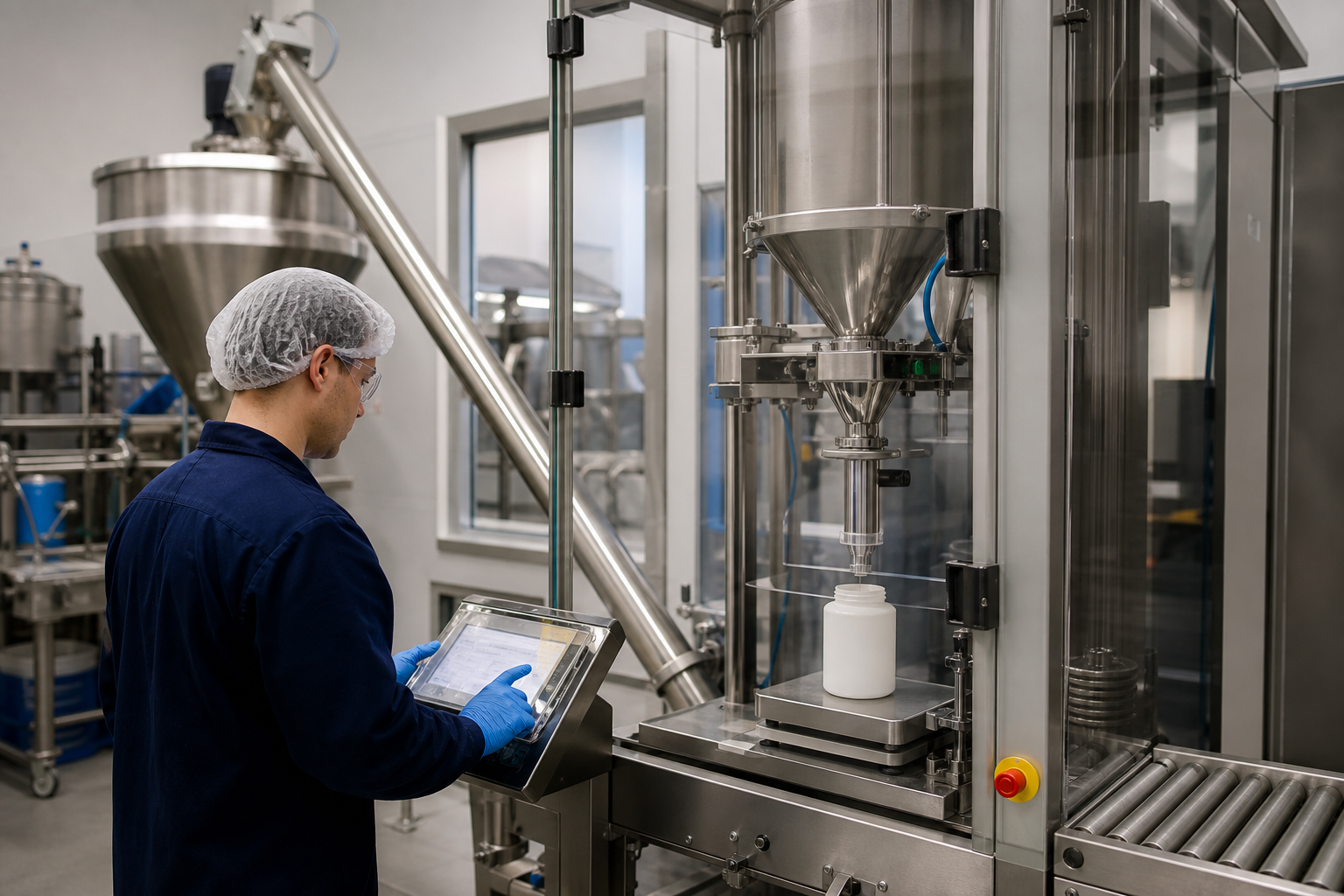 Operator supervising an enclosed powder filling and weighing station